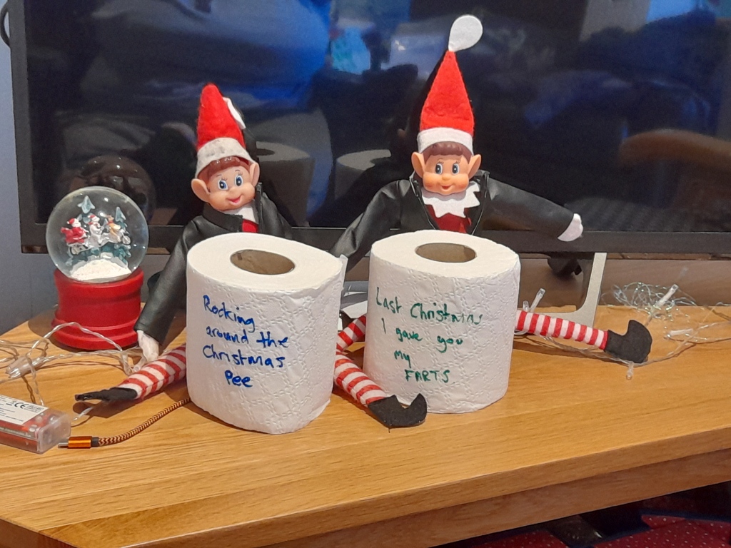 2 elfs wearing leather jackets, sat in front of a tv. Each with a loo roll in front of them. Both rolls have writing on them. One says: rocking around the Christmas pee. The other says: last Christmas, I gave you my farts.